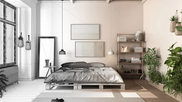 Concepto Diseñador Interiores Arquitecto Proyecto Inacabado Que Convierte Real Dormitorio —  Fotos de Stock