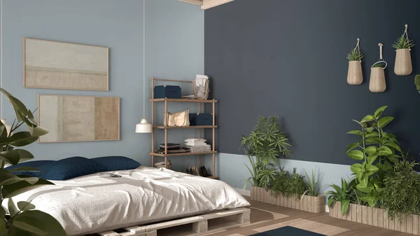 파란색 친환경 인테리어 디자인 응접실 베개와 식물로 팔레트 재활용 — 스톡 사진