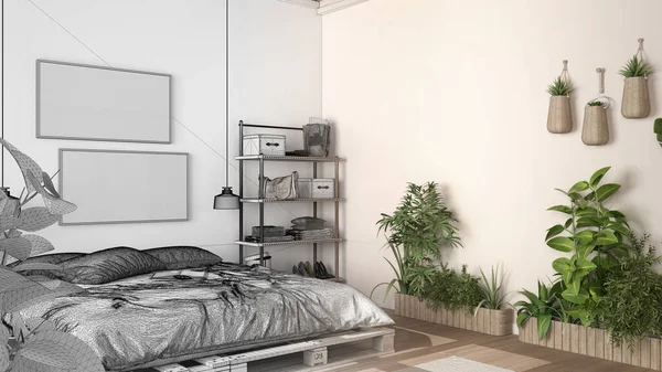 Concepto Diseñador Interiores Arquitecto Proyecto Inacabado Que Convierte Real Dormitorio —  Fotos de Stock