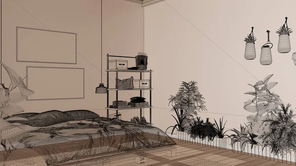 寄木細工の床と白い壁 カスタム建築デザインプロジェクト 黒インクのスケッチ 柔らかいベッドとモダンなベッドルームを示す青写真 インテリアデザインと現代的なインテリアを空にします — ストック写真