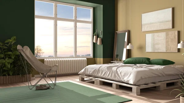 Landhausschlafzimmer Öko Interieur Grüntönen Nachhaltiger Parkettboden Diy Palettenbett Mit Kissen — Stockfoto