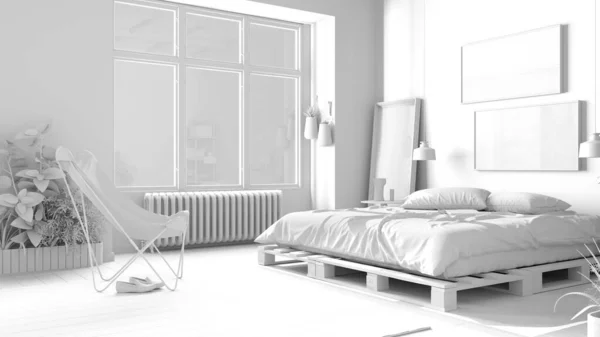 Tamamen Beyaz Proje Kırsal Yatak Odası Eko Tasarım Sürdürülebilir Parke — Stok fotoğraf