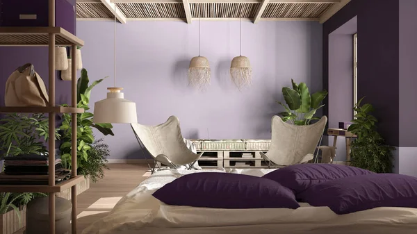 Country rustic bedroom, eco interior design in purple tones, sustainable parquet floor, bed and diy pallet sofa, armchairs and potted plants. Natural recyclable architecture concept