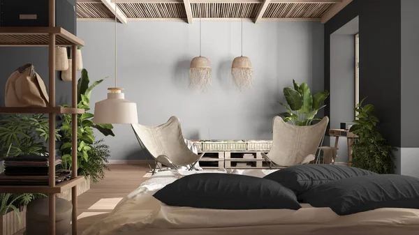 カントリー素朴なベッドルーム グレートーンでエコインテリアデザイン 持続可能な寄木細工の床 ベッド ダイパレットソファ アームチェア 鉢植え 自然循環型建築の概念 — ストック写真