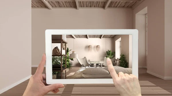 Concept Réalité Augmentée Tablette Main Avec Application Utilisée Pour Simuler — Photo