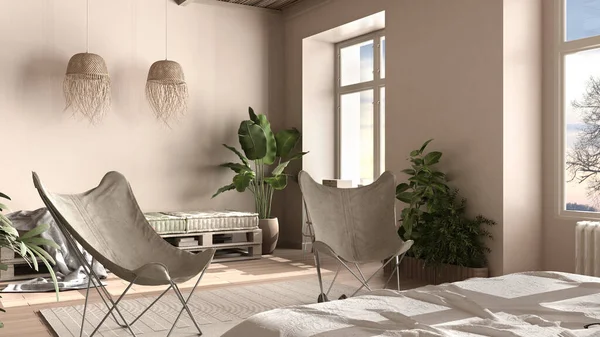 침실에 소파가 베이지 친환경 인테리어 디자인 응접실 다이아 팔레트 안락의자 — 스톡 사진