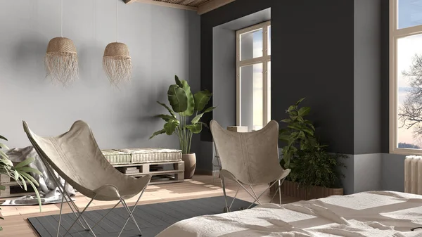 Landhausschlafzimmer Mit Sofa Öko Interieur Grautönen Nachhaltigem Parkett Diy Palette — Stockfoto