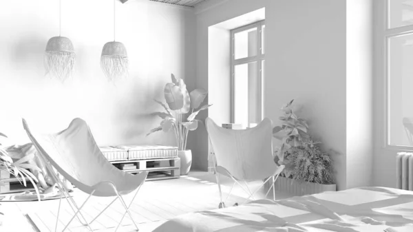 침실에 친환경 인테리어 디자인 응접실 다이아 팔레트 안락의자 식물등을 설치하는 — 스톡 사진