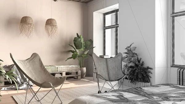 建筑师室内设计理念 成为现实的未完成的工程 乡土式居室 生态可持续的餐点 灰暗的托盘沙发 扶手椅 自然可回收概念 — 图库照片