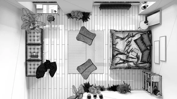 Незавершенный Проект Загородной Спальни Домашним Рабочим Местом Эко Дизайном Интерьера — стоковое фото
