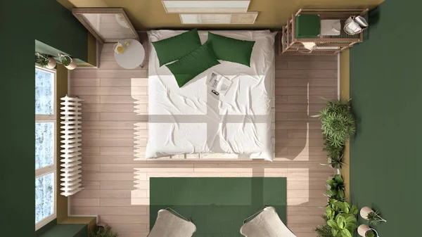 Деревянная Спальня Эко Интерьер Зеленых Тонах Устойчивый Паркет Мягкая Кровать — стоковое фото
