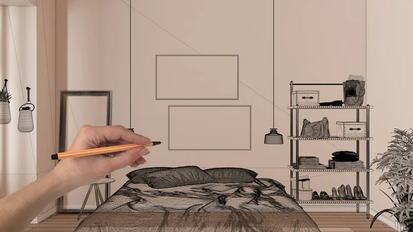 白い壁と寄木細工 Cadスケッチ 黒インクカスタム建築設計プロジェクトと空の現代的なインテリアにペンと図面を保持手 ベッド ランプ付きのベッドルーム — ストック写真