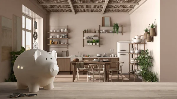 Wooden table top or shelf with white piggy bank with coins, rustic country wooden kitchen, dining table, expensive home interior design, renovation restructuring concept architecture