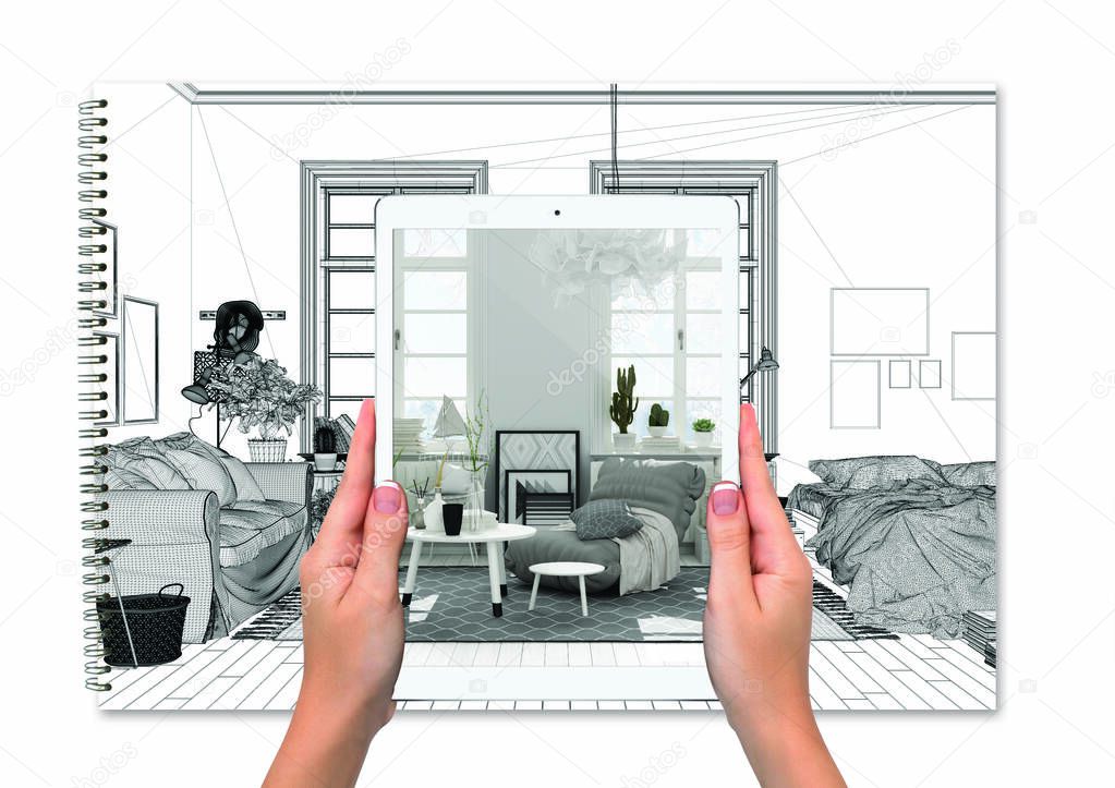 Hands holding tablet showing scandinavian living room, sofa, total blank project background, augmented reality concept, application to simulate furniture and interior design products