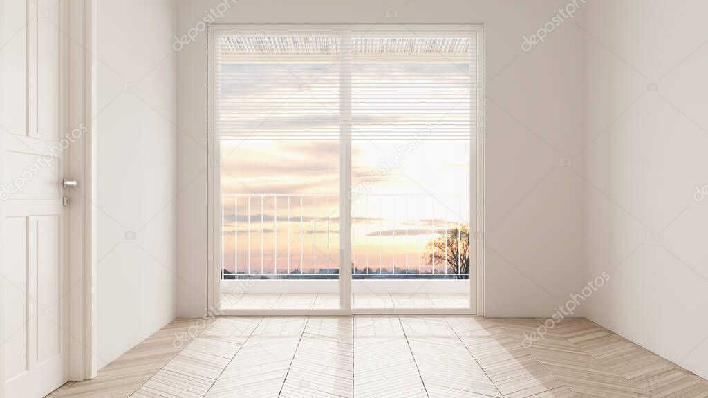Empty room interior design, open space with white walls and parquet wooden floor, panoramic window, modern contemporary architecture, morning light, mock-up with copy space