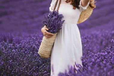 Tarlada lavantalı hasır sepeti tutan kadın.
