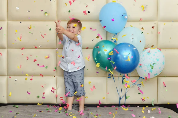 Boy Rejoices Confetti Balloons His Birthday — Stock Photo, Image