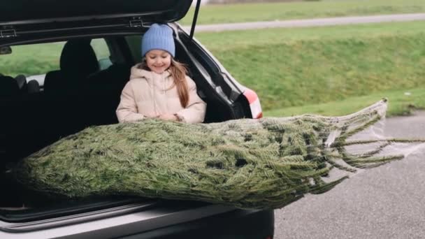 Menina sentada no tronco com uma árvore de Natal — Vídeo de Stock