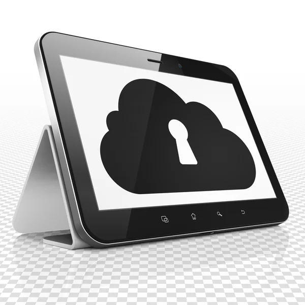 Concetto di cloud computing: computer tablet con cloud con foro della serratura sul display — Foto Stock