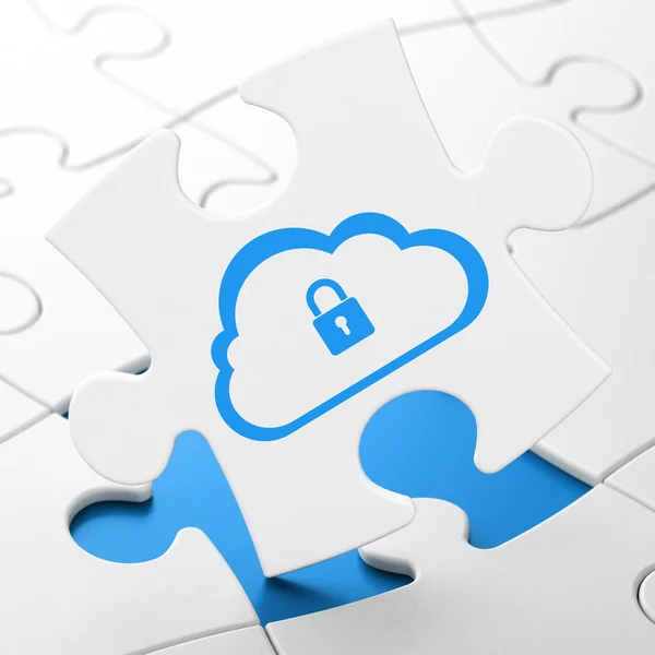 Cloud technology concept: Cloud With Padlock on puzzle background — Stok fotoğraf