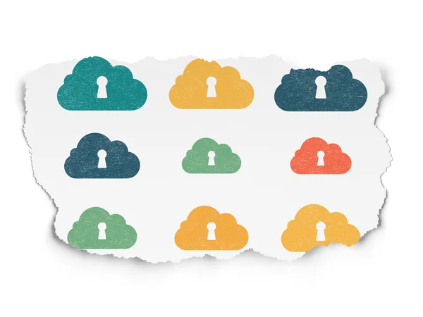 Návrh technologie cloud: ikony Cloud s dírkou na roztrhané papírové pozadí — Stock fotografie