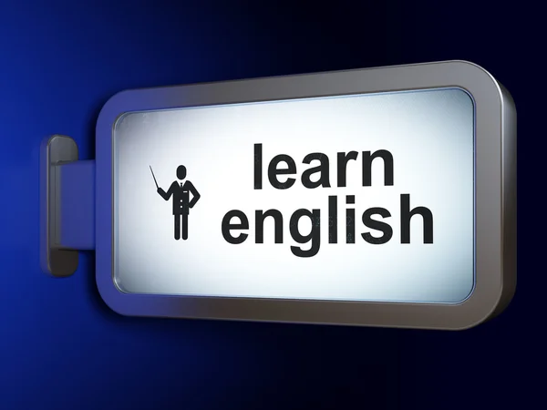 Концепция образования: Изучение английского языка и преподавателя на рекламном щите — стоковое фото