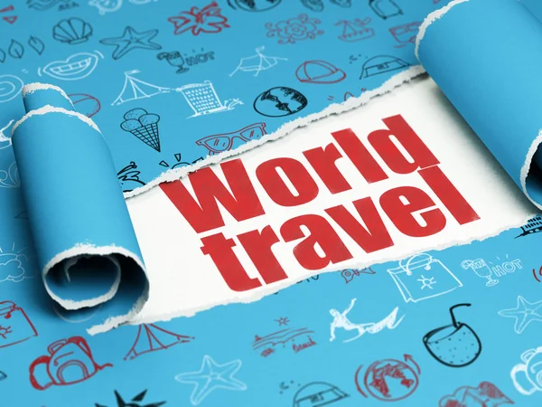 Concepto de vacaciones: texto rojo World Travel under the piece of torn paper — Foto de Stock