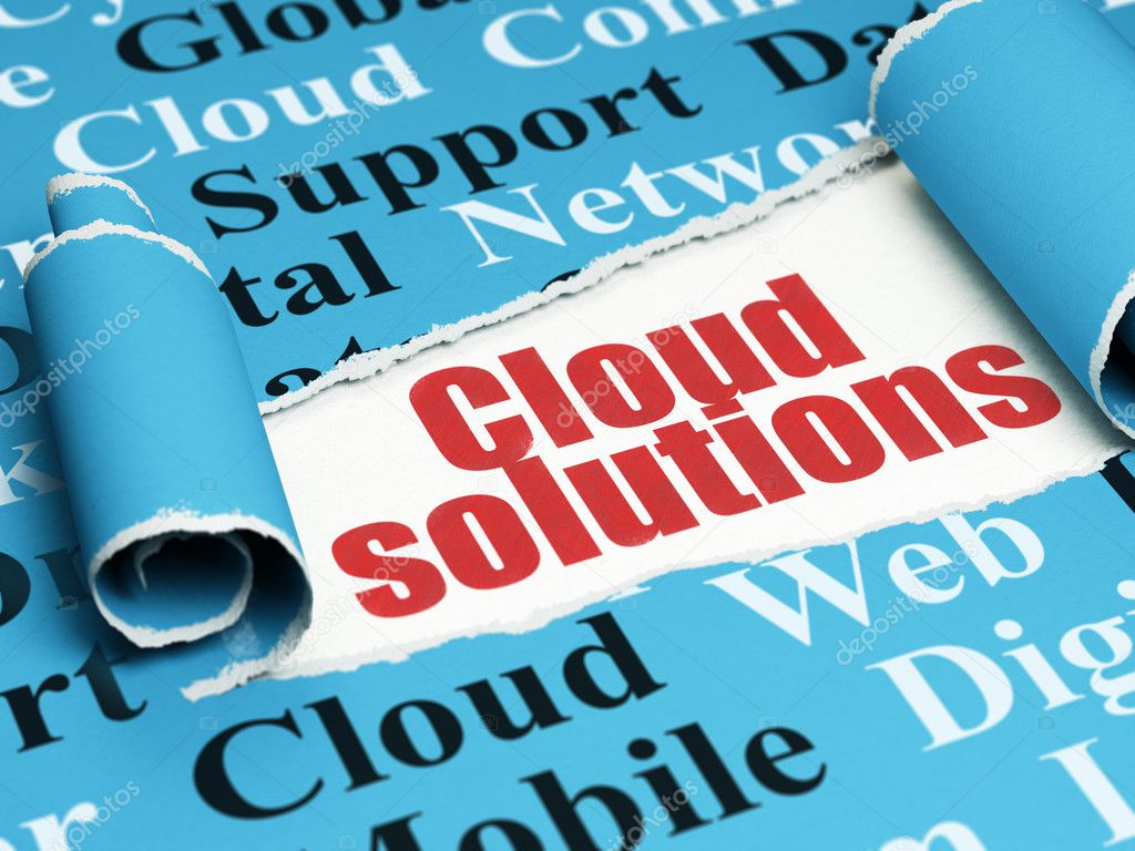 Cloud networking concept: red text Cloud Solutions under the piece of  torn paper