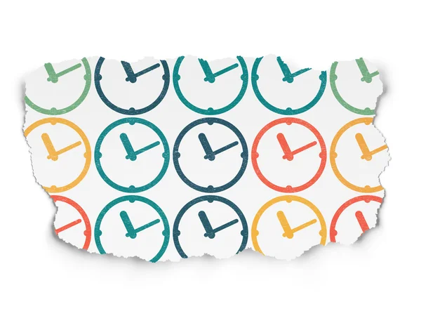 Concepto de línea de tiempo: iconos del reloj en el fondo de papel roto — Foto de Stock