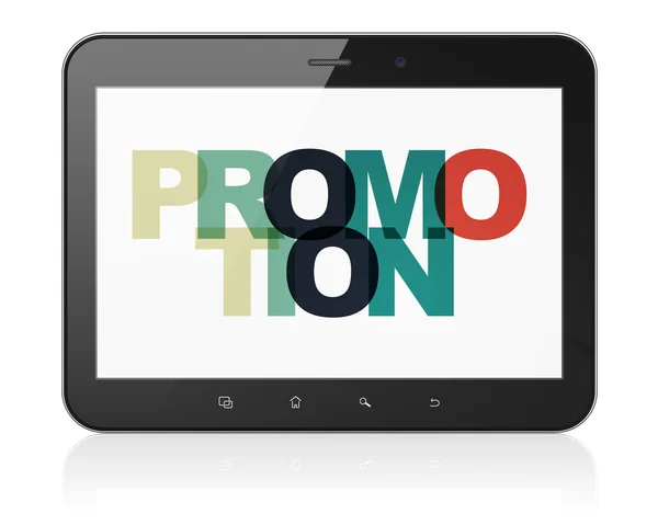 Marketingkonzept: Tablet-Computer mit Promotion auf dem Display — Stockfoto