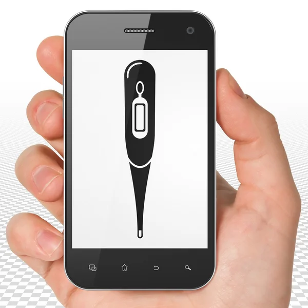 Medizinkonzept: Smartphone mit Thermometer in der Hand — Stockfoto