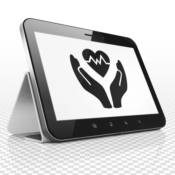 Concepto de seguro: Tablet Computer con corazón y palma en pantalla — Foto de Stock