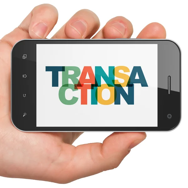 Concepto bancario: Smartphone de mano con transacción en pantalla — Foto de Stock