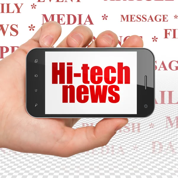 News concept: Hand Holding Smartphone with Hi-tech News on display — Stockfoto