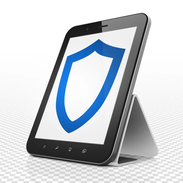 Sicherheitskonzept: Tablet-Computer mit konturiertem Schild auf dem Display — Stockfoto