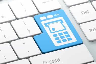 Bankacılık kavramı: Atm makine bilgisayar klavye arka plan üzerinde