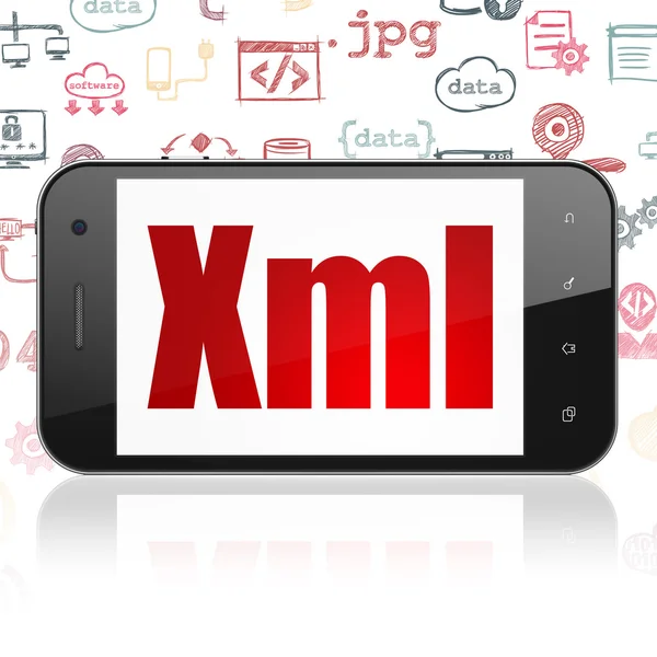 Concepto de software: Smartphone con Xml en pantalla — Foto de Stock