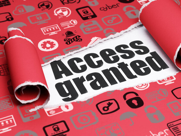 Концепция безопасности: черный текст Доступ разрешен под листом рваной бумаги
