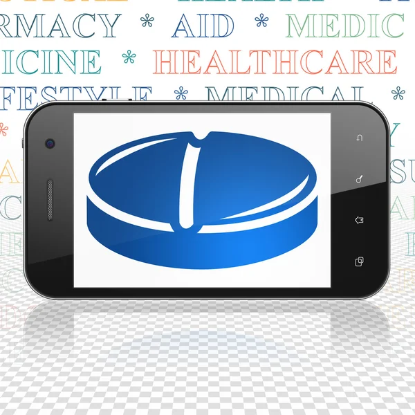 Pojęcie opieki zdrowotnej: Smartphone z pigułki na wyświetlaczu — Zdjęcie stockowe