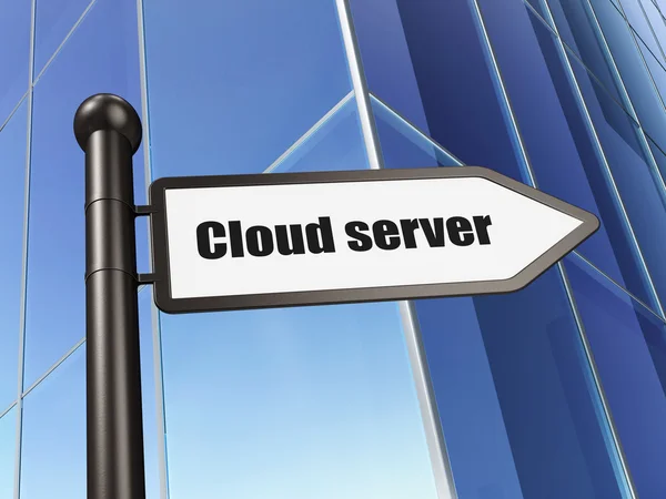 Conceito de computação em nuvem: assine o servidor em nuvem no fundo da construção — Fotografia de Stock