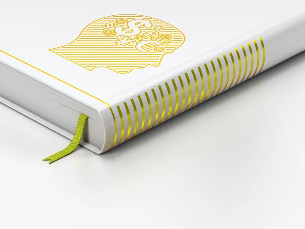 Bildungskonzept: geschlossenes Buch, Kopf mit Finanzsymbol auf weißem Hintergrund — Stockfoto