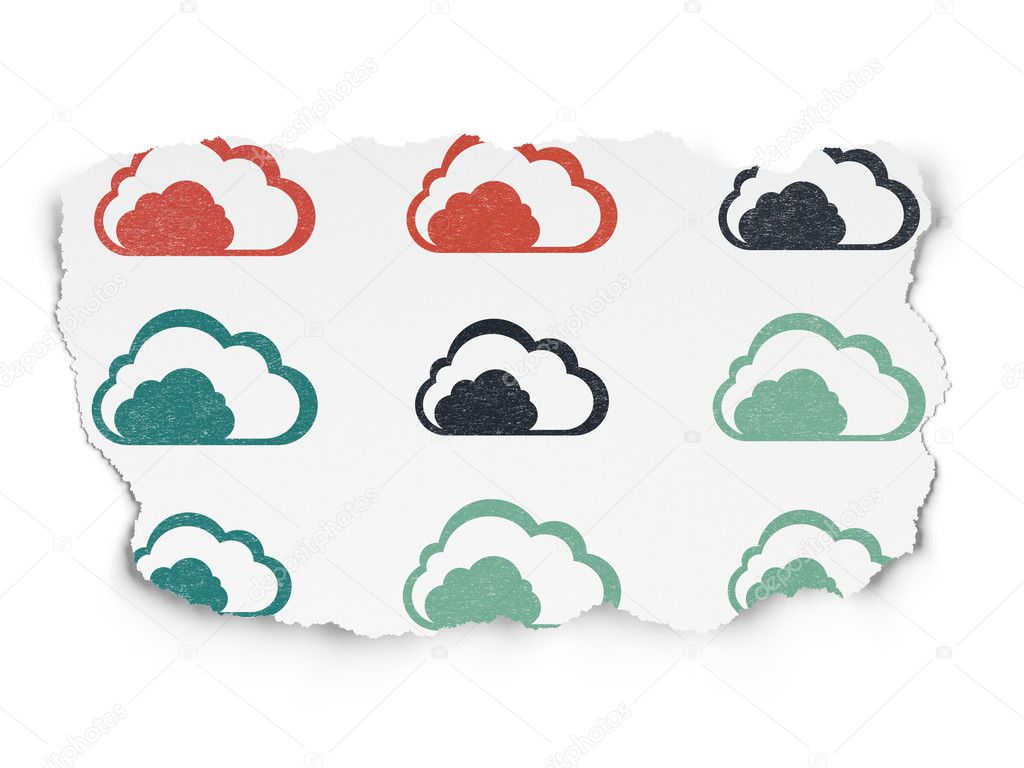 Cloud computing concept: Cloud icons on Torn Paper background