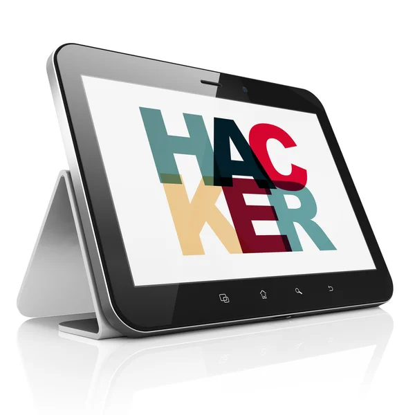 Sicherheitskonzept: Tablet-Computer mit Hacker auf dem Display — Stockfoto