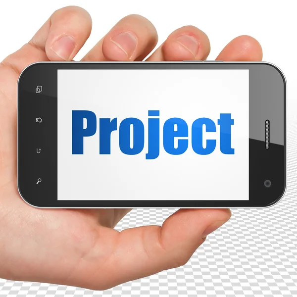 Finanzierungskonzept: Smartphone mit Projekt in der Hand — Stockfoto