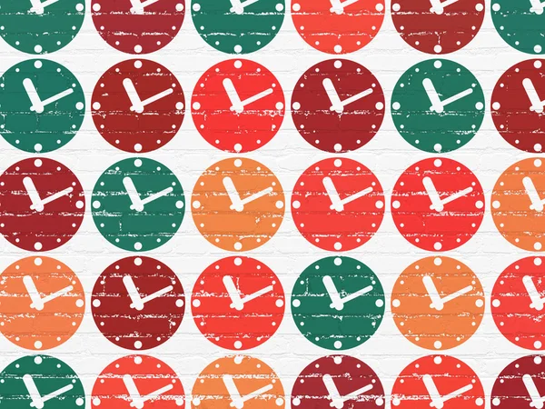 Concepto de línea de tiempo: iconos del reloj en el fondo de la pared — Foto de Stock