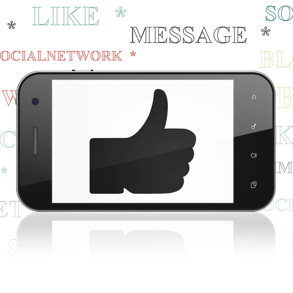 Concepto de redes sociales: Smartphone con Pulgar en pantalla —  Fotos de Stock