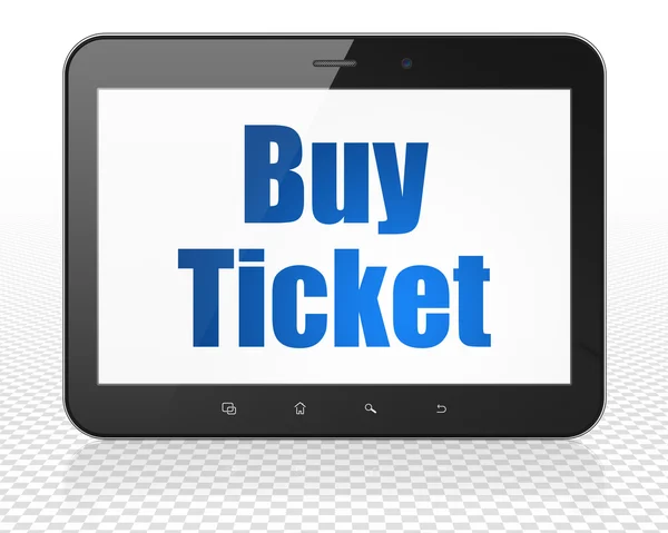 Concepto de vacaciones: Tablet PC Ordenador con Buy Ticket en pantalla —  Fotos de Stock