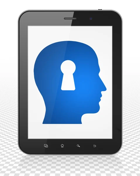 Studying concept: Tablet Pc Computer with Head With Keyhole on display — Stock Photo, Image