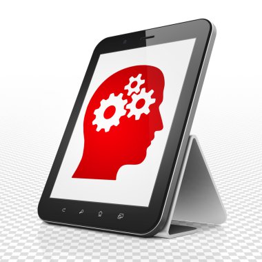 Finans konsepti: Head With Gears ile Tablet Bilgisayar ekranda