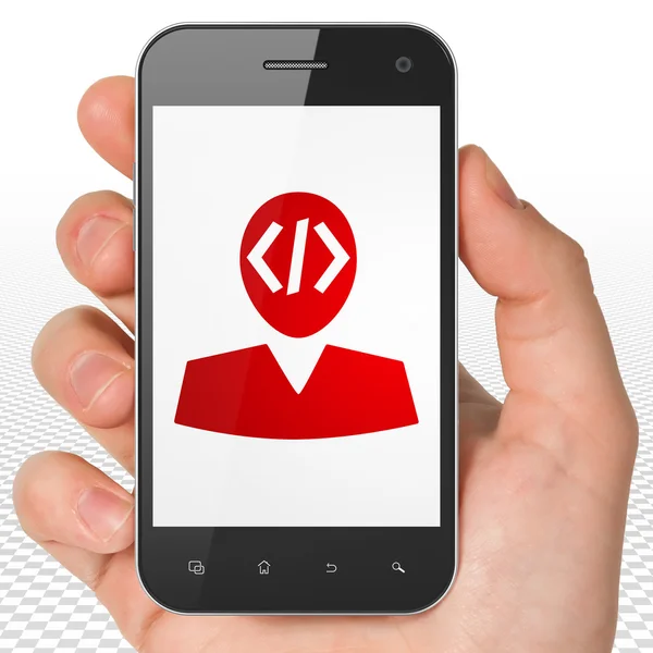 Concepto de base de datos: Smartphone de mano con programador en pantalla —  Fotos de Stock
